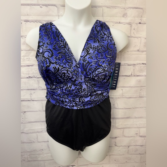 Longitude Plus Sz 22W One Piece Swimsuit Slimming Modest Purple Gold Black New‎ - Picture 1 of 9